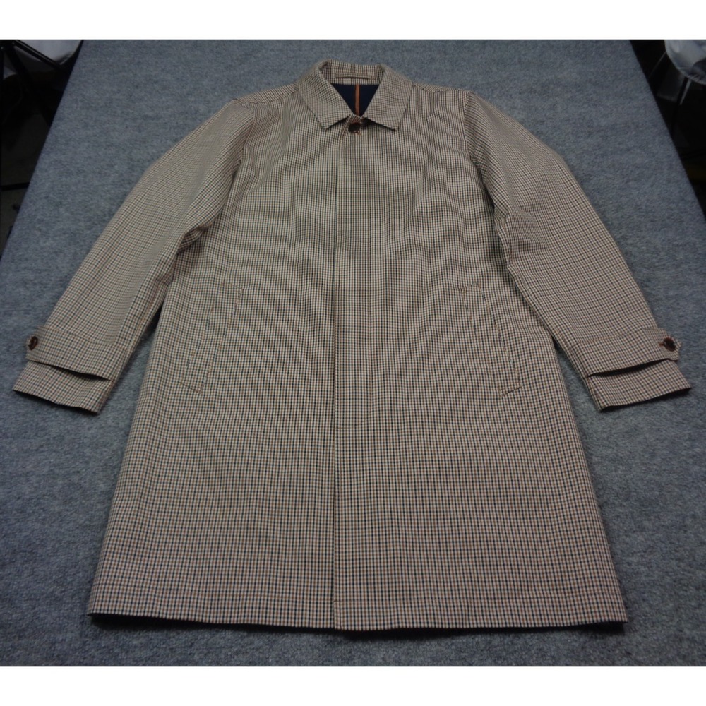 Bonobos Trench Coat Mens M Micro Plaid Blue Brown Buttons Rain Performance